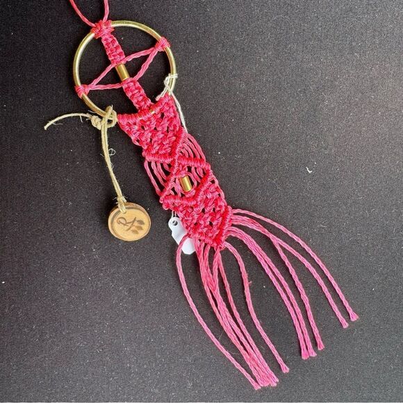 Handmade Pink Macrame Hanging with Brass Color Ring - Picture 3 of 4